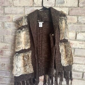 Brown Knit Vest with Faux Fur Accents